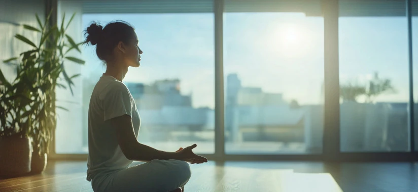 Person führt Atemübung und Meditation durch, symbolisiert Ruhe und Achtsamkeit