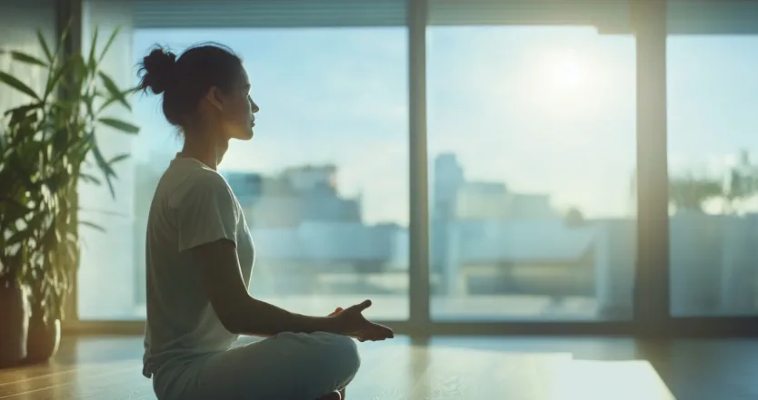 Atemübungen für innere Ruhe und Stressreduktion Person führt Atemübung und Meditation durch, symbolisiert Ruhe und Achtsamkeit